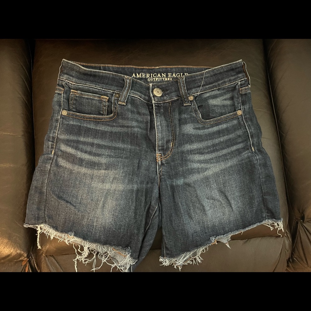 Dark wash American Eagle jean shorts.